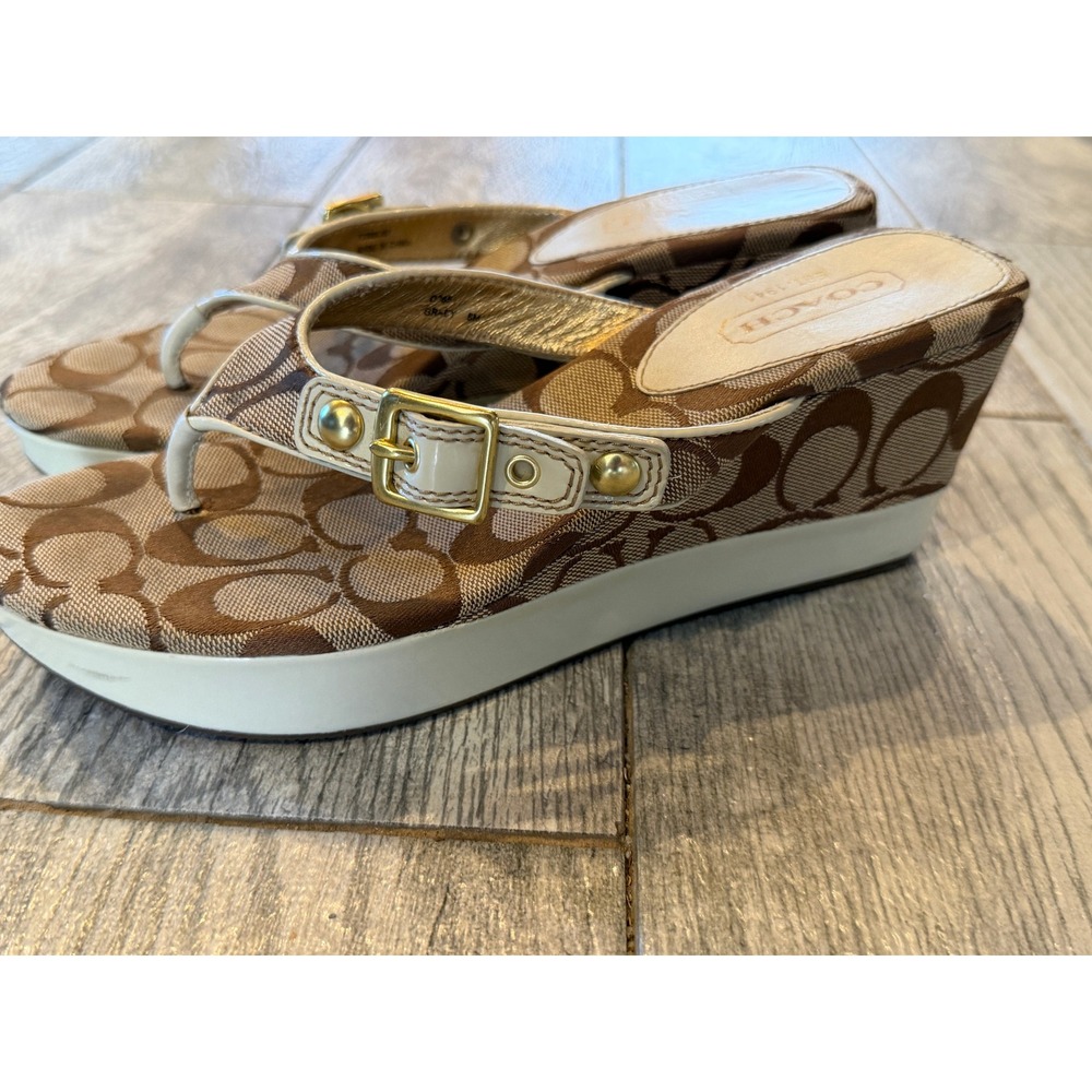 Coach Gracy Wedge Sandals 8 Signature Monogram Platform Shoes Metallic Gold